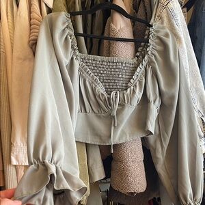 Smocked Square Neck Puff Sleeve Top — Sage Green